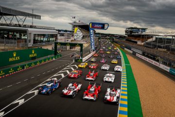 The field for the 2021 24 Hours of Le Mans lined up on the grid for the pre-race photoshoot