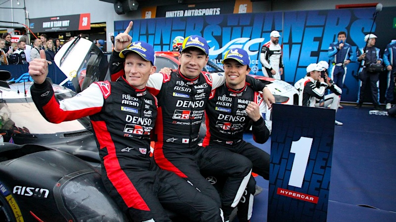 Toyota drivers Mike Conway, Kamui Kobayashi and Nyck de Vries in the pitlane at the 2024 6 Hours of Imola